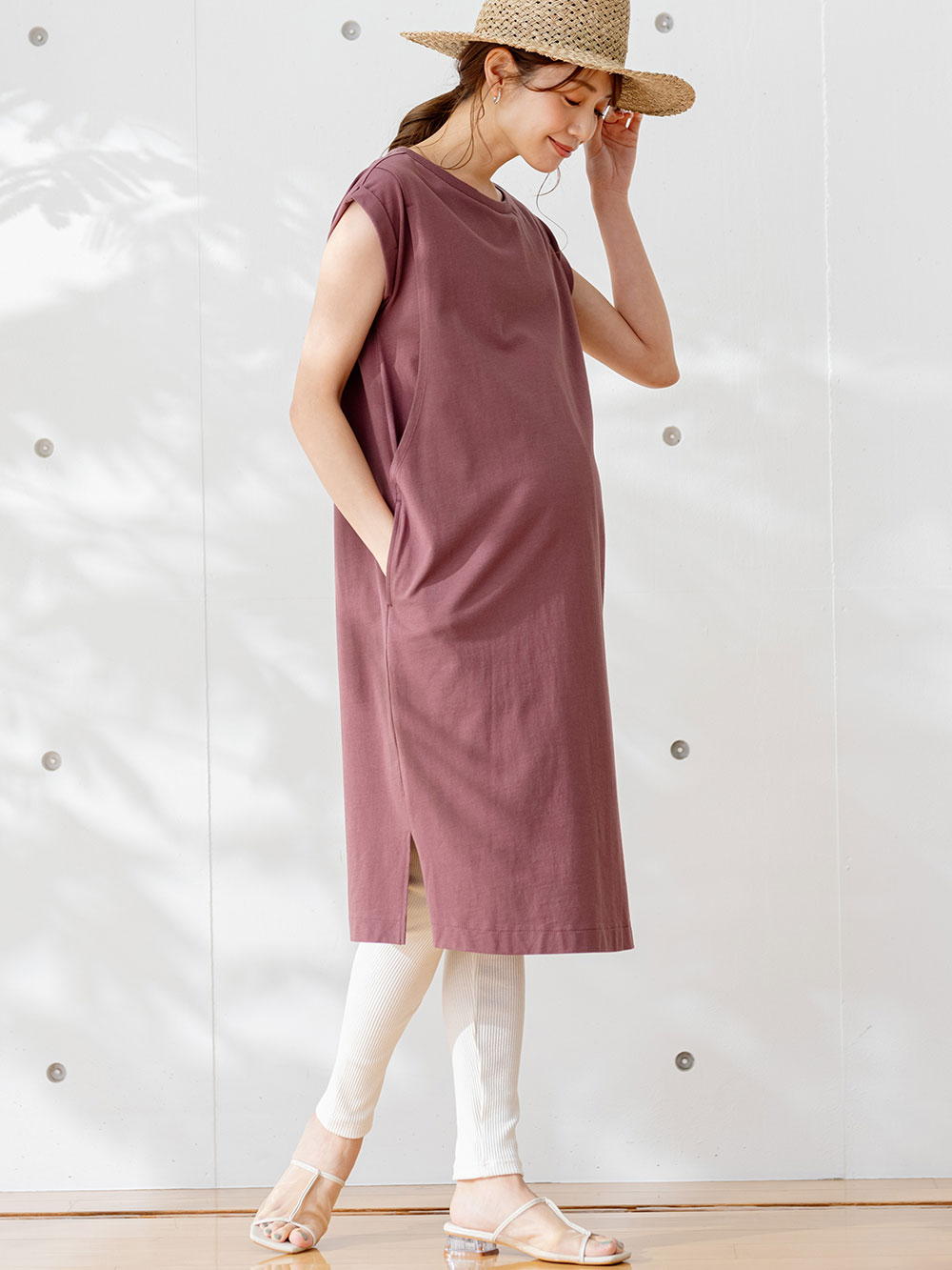 マタニティ ワンピース|コットン100%長さが選べるフレンチスリーブワンピース マタニティ・産後授乳服【出産後も長く使える】|ブラウンパープル