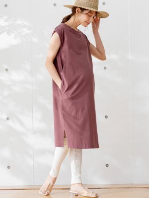 マタニティ ワンピース|コットン100%長さが選べるフレンチスリーブワンピース マタニティ・産後授乳服【出産後も長く使える】|ブラウンパープル