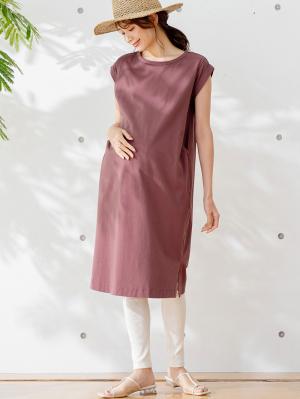 マタニティ ワンピース|コットン100%長さが選べるフレンチスリーブワンピース マタニティ・産後授乳服【出産後も長く使える】|ブラウンパープル