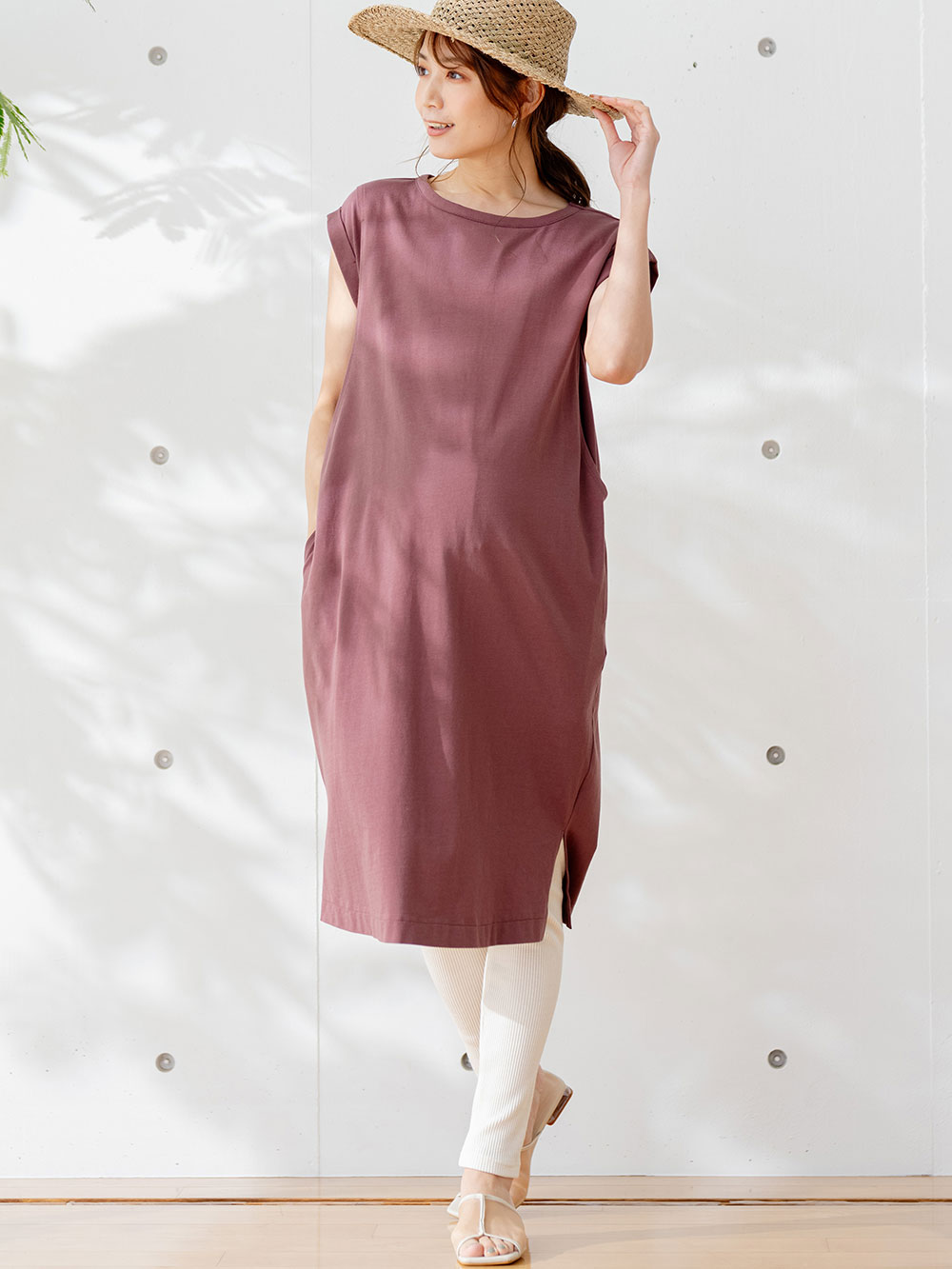 マタニティ ワンピース|コットン100%長さが選べるフレンチスリーブワンピース マタニティ・産後授乳服【出産後も長く使える】|ブラウンパープル