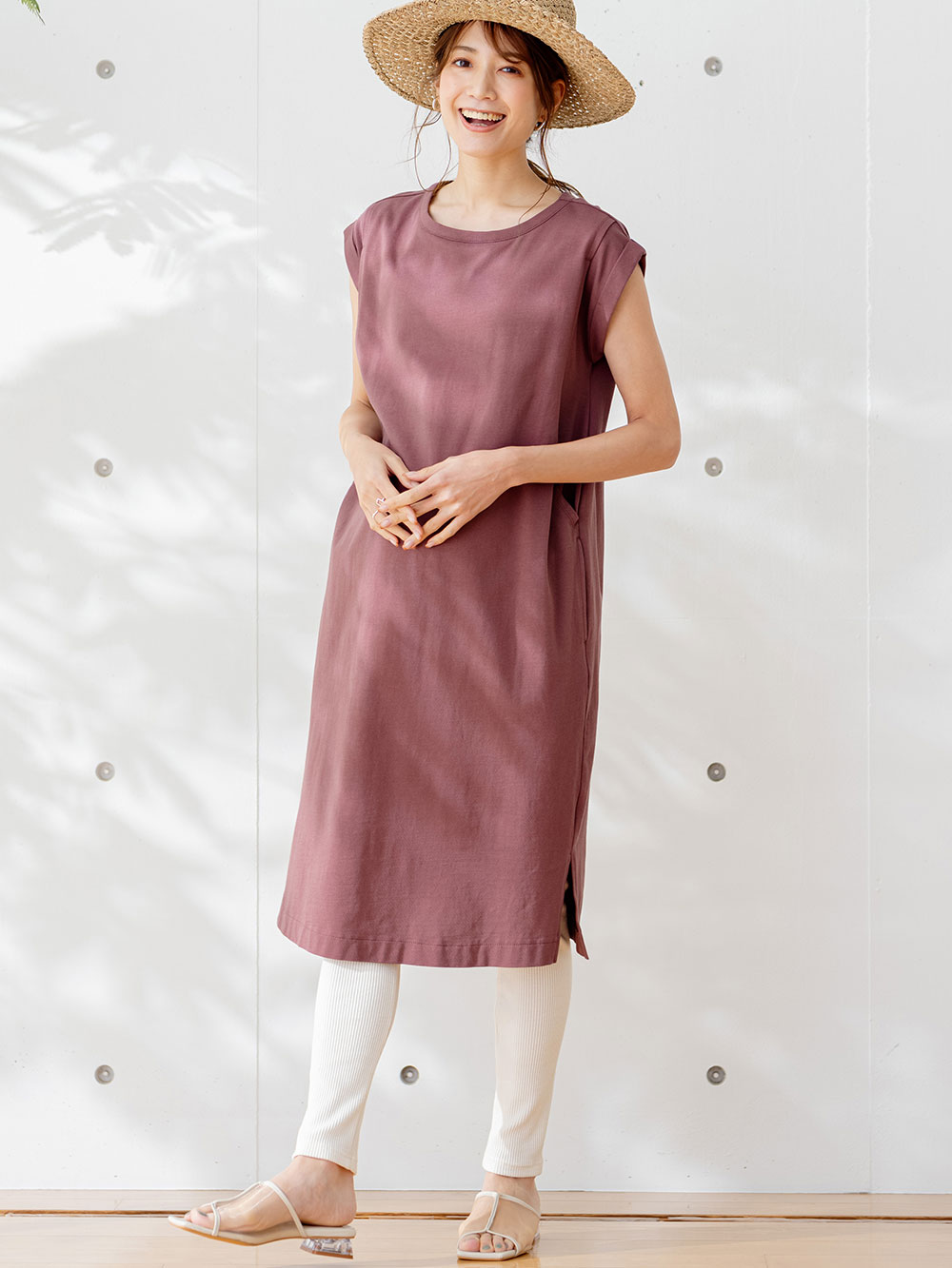 マタニティ ワンピース|コットン100%長さが選べるフレンチスリーブワンピース マタニティ・産後授乳服【出産後も長く使える】|ブラウンパープル