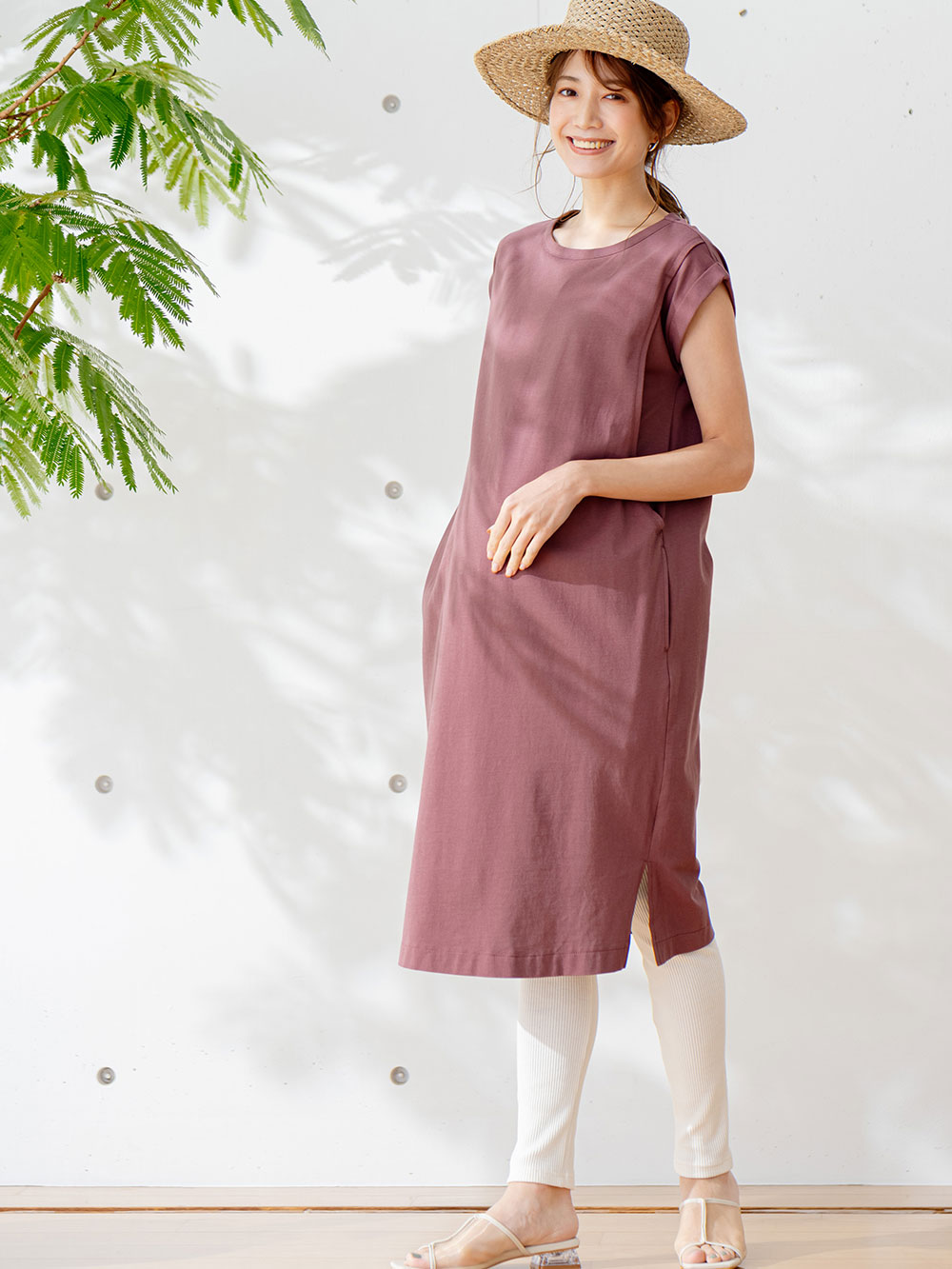 マタニティ ワンピース|コットン100%長さが選べるフレンチスリーブワンピース マタニティ・産後授乳服【出産後も長く使える】|ブラウンパープル
