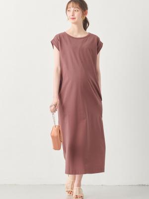 マタニティ ワンピース|コットン100%長さが選べるフレンチスリーブワンピース マタニティ・産後授乳服【出産後も長く使える】|ブラウンパープル（ロング丈）