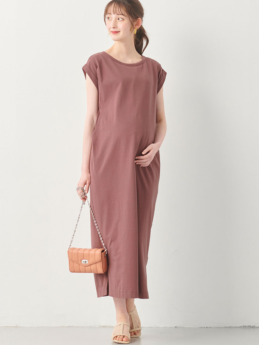 マタニティ ワンピース|コットン100%長さが選べるフレンチスリーブワンピース マタニティ・産後授乳服【出産後も長く使える】|ブラウンパープル（ロング丈）