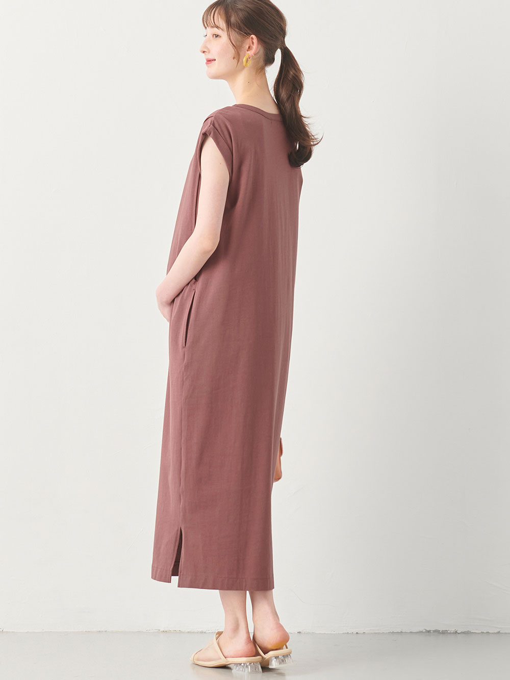 マタニティ ワンピース|コットン100%長さが選べるフレンチスリーブワンピース マタニティ・産後授乳服【出産後も長く使える】|ブラウンパープル（ロング丈）