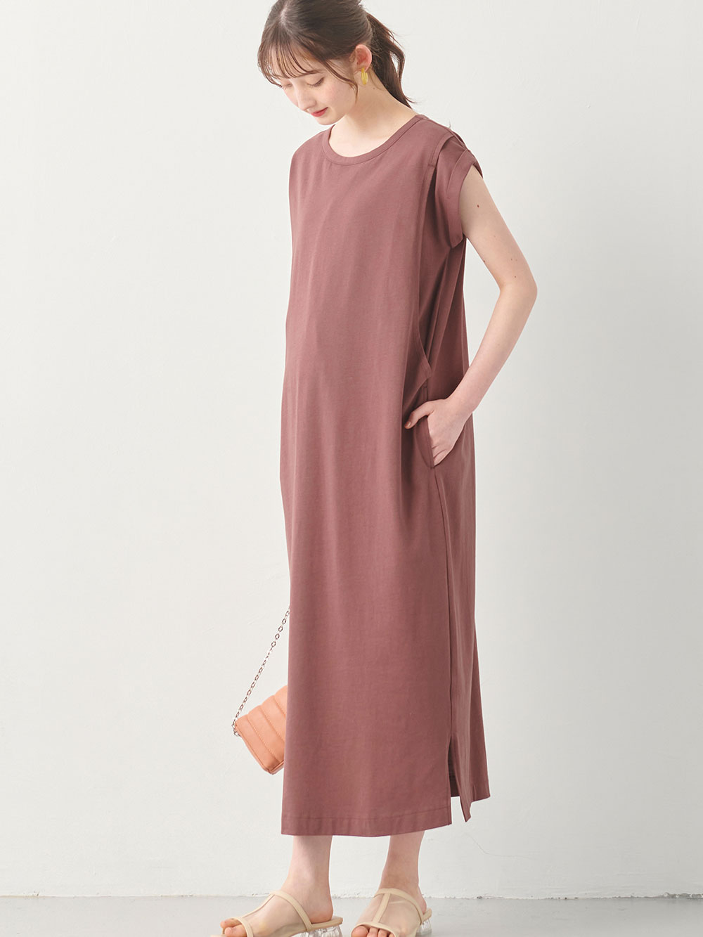 マタニティ ワンピース|コットン100%長さが選べるフレンチスリーブワンピース マタニティ・産後授乳服【出産後も長く使える】|ブラウンパープル（ロング丈）