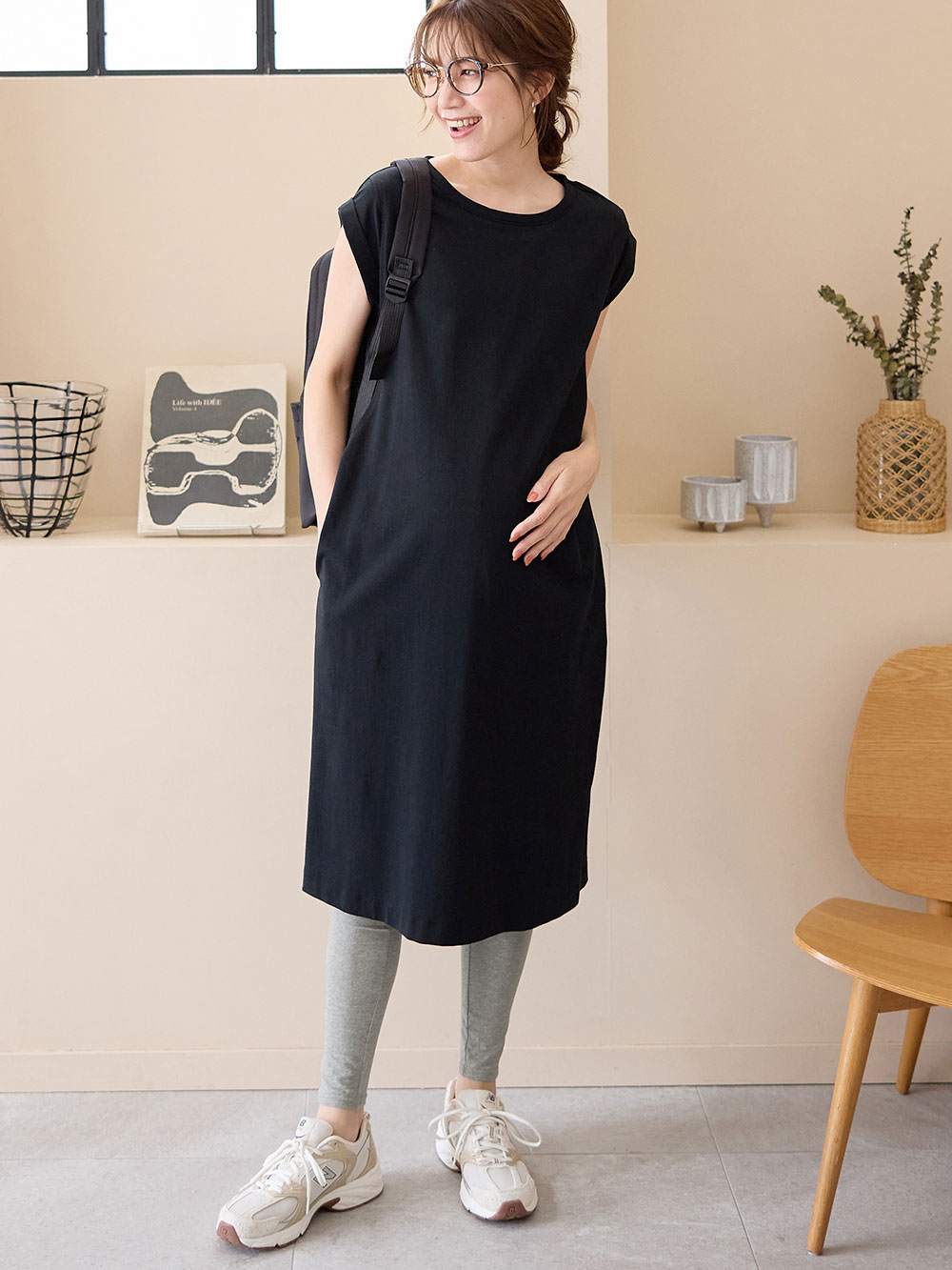 マタニティ ワンピース|コットン100%長さが選べるフレンチスリーブワンピース マタニティ・産後授乳服【出産後も長く使える】|ブラック