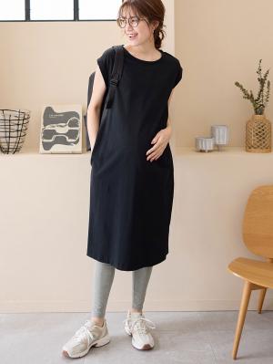 マタニティ ワンピース|コットン100%長さが選べるフレンチスリーブワンピース マタニティ・産後授乳服【出産後も長く使える】|ブラック