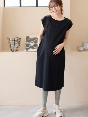 マタニティ ワンピース|コットン100%長さが選べるフレンチスリーブワンピース マタニティ・産後授乳服【出産後も長く使える】|ブラック