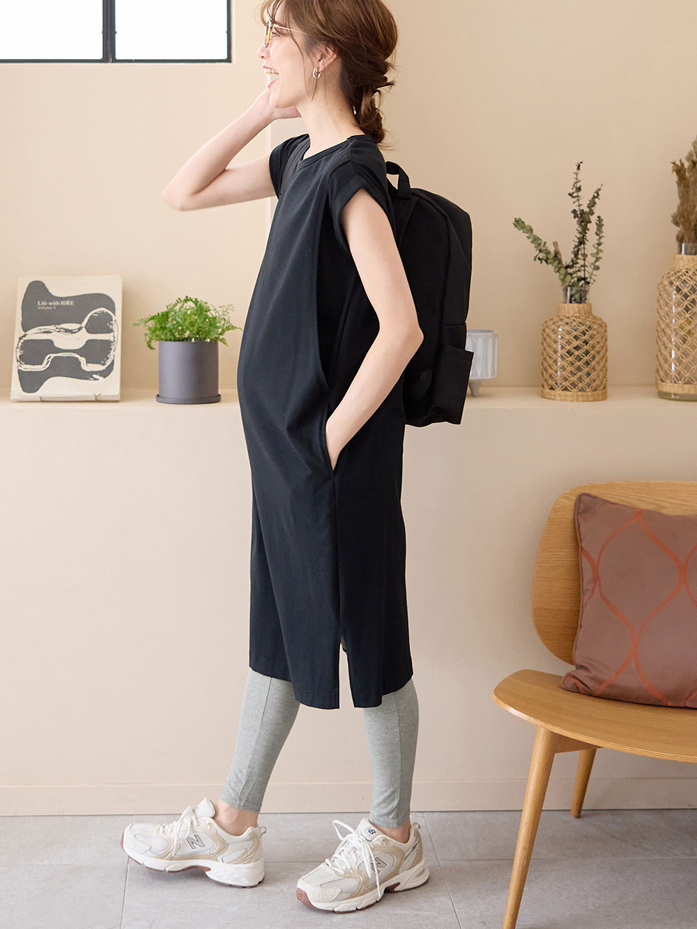 マタニティ ワンピース|コットン100%長さが選べるフレンチスリーブワンピース マタニティ・産後授乳服【出産後も長く使える】|ブラック