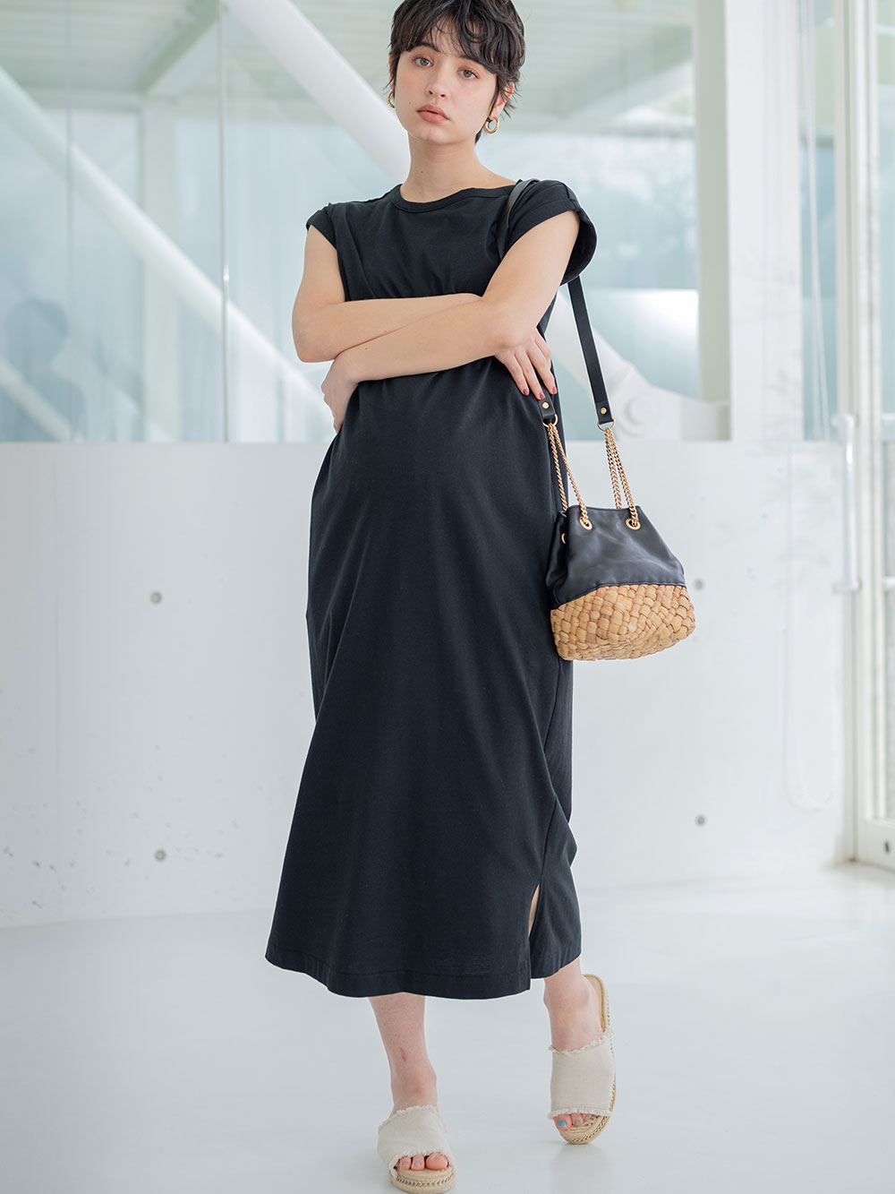 マタニティ ワンピース|コットン100%長さが選べるフレンチスリーブワンピース マタニティ・産後授乳服【出産後も長く使える】|ブラック（ロング丈）