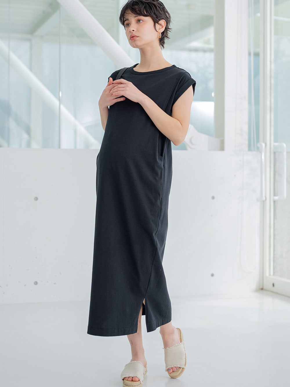 マタニティ ワンピース|コットン100%長さが選べるフレンチスリーブワンピース マタニティ・産後授乳服【出産後も長く使える】|ブラック（ロング丈）