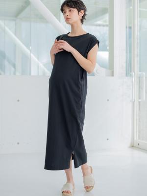 マタニティ ワンピース|コットン100%長さが選べるフレンチスリーブワンピース マタニティ・産後授乳服【出産後も長く使える】|ブラック（ロング丈）