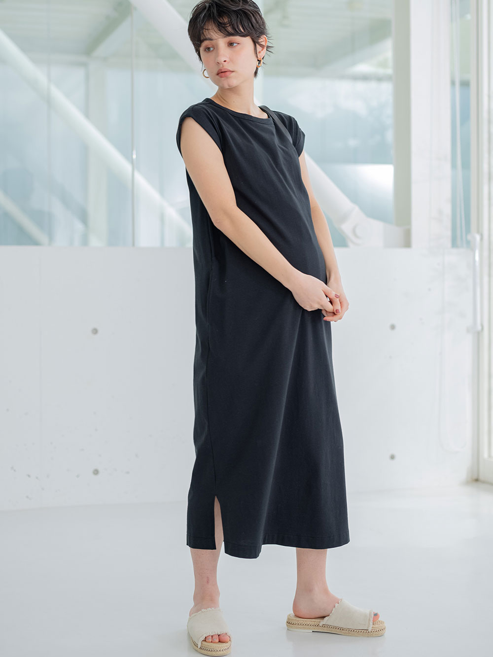 マタニティ ワンピース|コットン100%長さが選べるフレンチスリーブワンピース マタニティ・産後授乳服【出産後も長く使える】|ブラック（ロング丈）