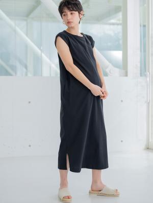 マタニティ ワンピース|コットン100%長さが選べるフレンチスリーブワンピース マタニティ・産後授乳服【出産後も長く使える】|ブラック（ロング丈）