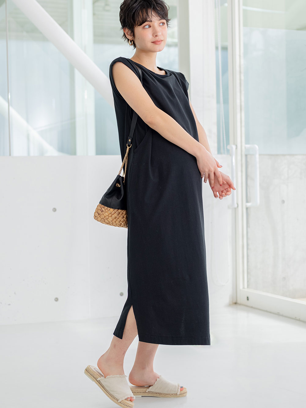 マタニティ ワンピース|コットン100%長さが選べるフレンチスリーブワンピース マタニティ・産後授乳服【出産後も長く使える】|ブラック（ロング丈）