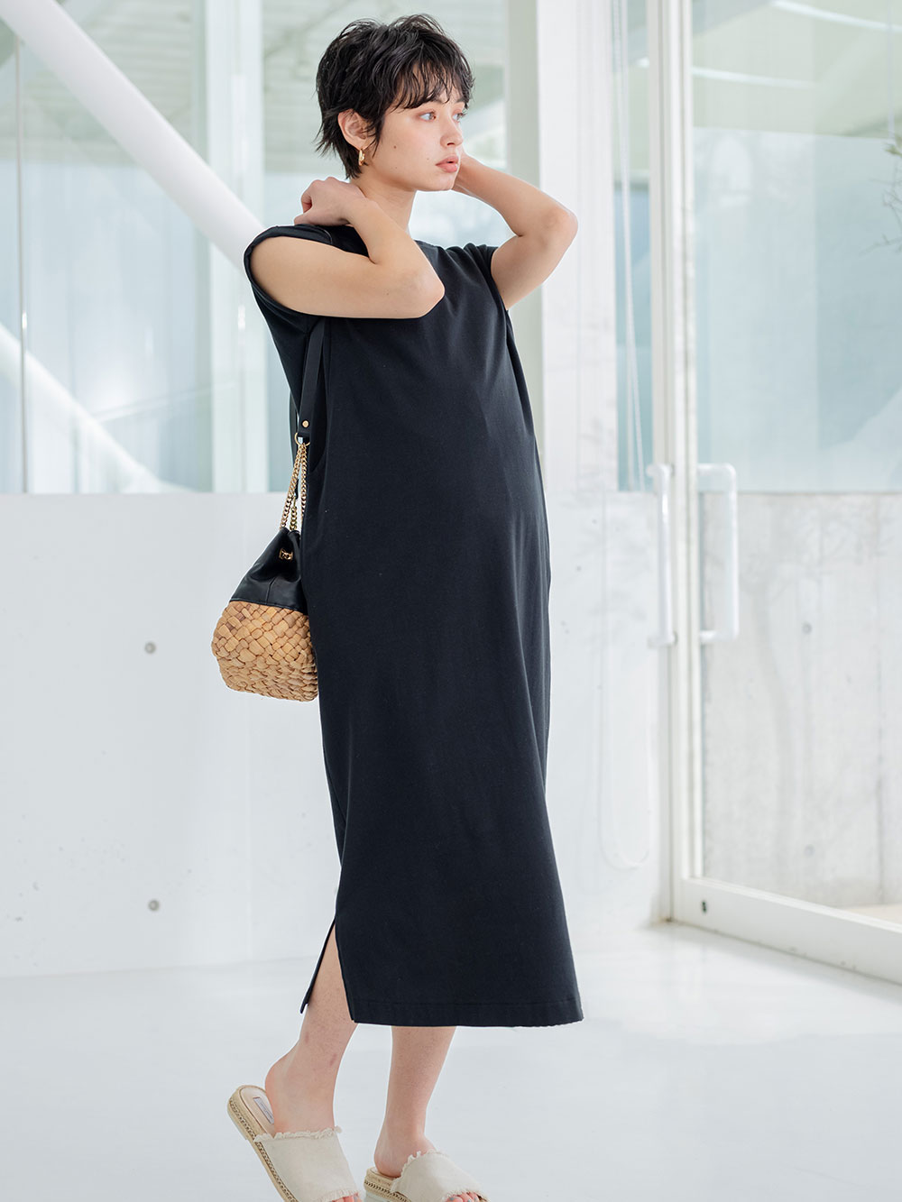 マタニティ ワンピース|コットン100%長さが選べるフレンチスリーブワンピース マタニティ・産後授乳服【出産後も長く使える】|ブラック（ロング丈）