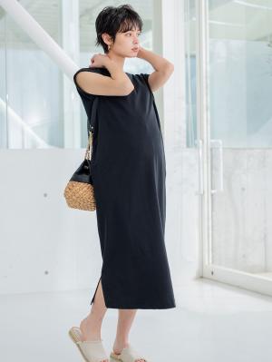 マタニティ ワンピース|コットン100%長さが選べるフレンチスリーブワンピース マタニティ・産後授乳服【出産後も長く使える】|ブラック（ロング丈）