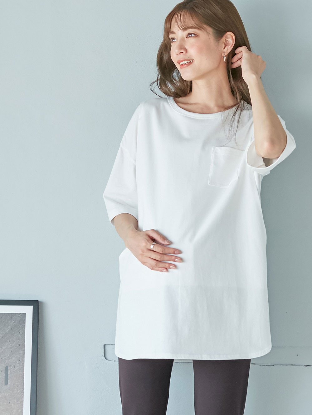 マタニティ トップス|コットン100%ポケット付きチュニックトップス　マタニティ・授乳服【出産後も長く使える】|ホワイト