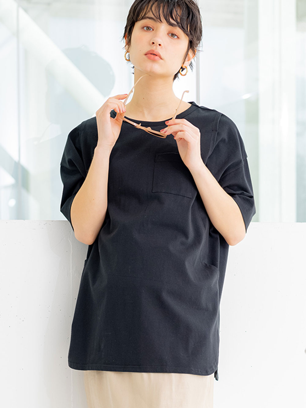 マタニティ トップス|コットン100%ポケット付きチュニックトップス　マタニティ・授乳服【出産後も長く使える】|ブラック