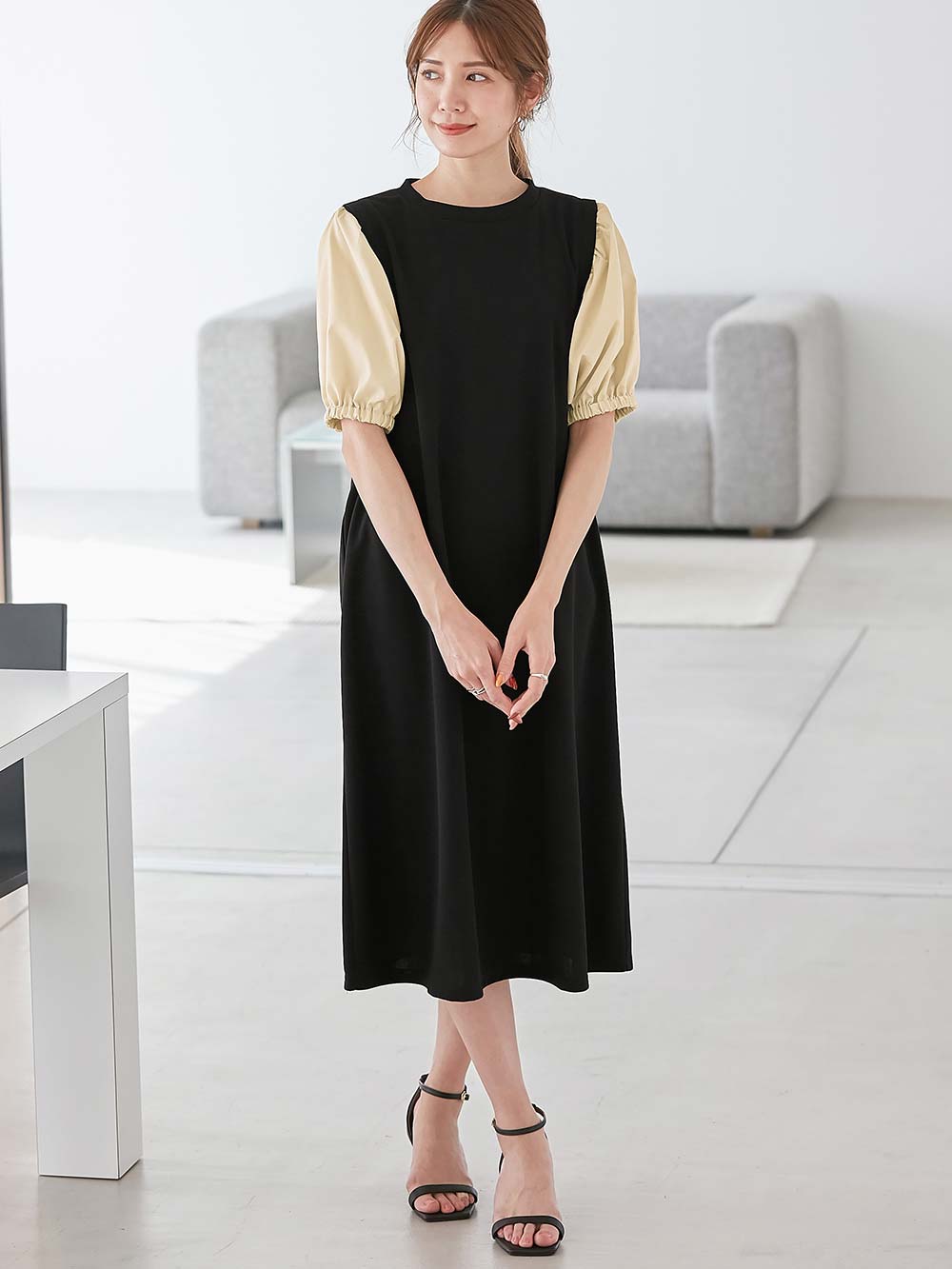 ぽわん袖ワンピ 異素材使い Rosemadame（ローズマダム）マタニティ・産後授乳服 マタニティ ワンピース ｜マタニティウェア・授乳服通販｜  エンジェリーベ 公式