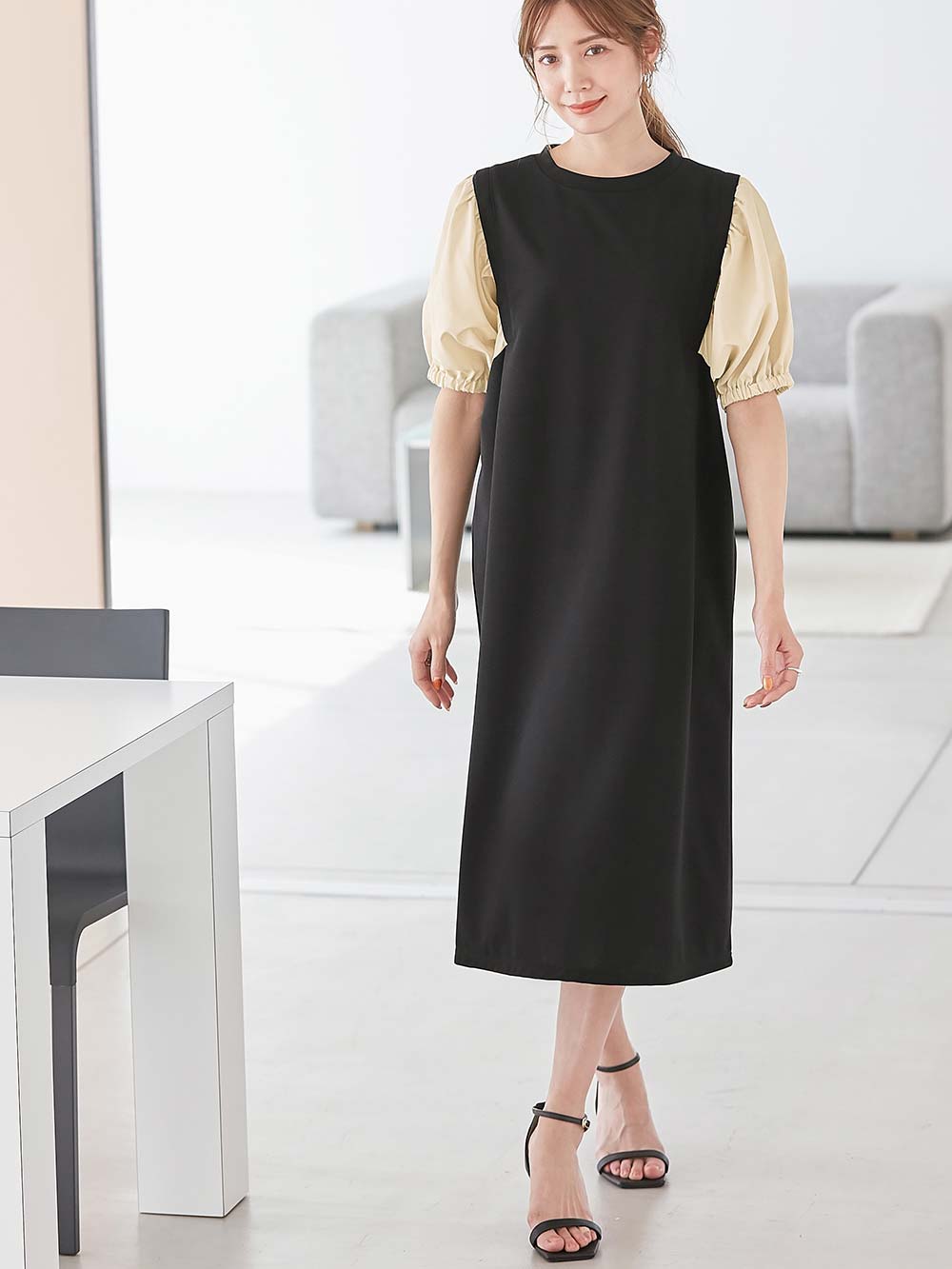 ぽわん袖ワンピ 異素材使い Rosemadame（ローズマダム）マタニティ・産後授乳服 マタニティ ワンピース ｜マタニティウェア・授乳服通販｜  エンジェリーベ 公式