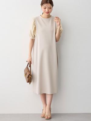 マタニティ ワンピース|ぽわん袖ワンピ　異素材使い　Rosemadame（ローズマダム）マタニティ・産後授乳服|ベージュ