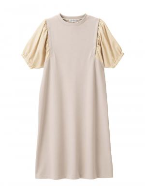 マタニティ ワンピース|ぽわん袖ワンピ　異素材使い　Rosemadame（ローズマダム）マタニティ・産後授乳服|ベージュ