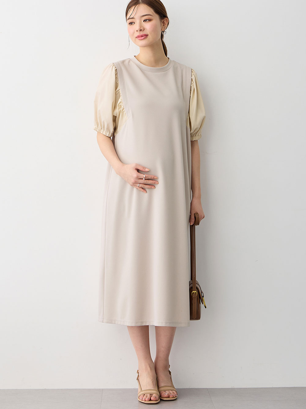 マタニティ ワンピース|ぽわん袖ワンピ　異素材使い　Rosemadame（ローズマダム）マタニティ・産後授乳服|ベージュ