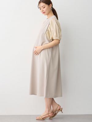 マタニティ ワンピース|ぽわん袖ワンピ　異素材使い　Rosemadame（ローズマダム）マタニティ・産後授乳服|ベージュ