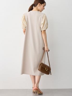 マタニティ ワンピース|ぽわん袖ワンピ　異素材使い　Rosemadame（ローズマダム）マタニティ・産後授乳服|ベージュ