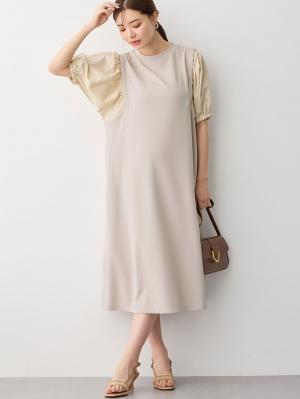 マタニティ ワンピース|ぽわん袖ワンピ　異素材使い　Rosemadame（ローズマダム）マタニティ・産後授乳服|ベージュ