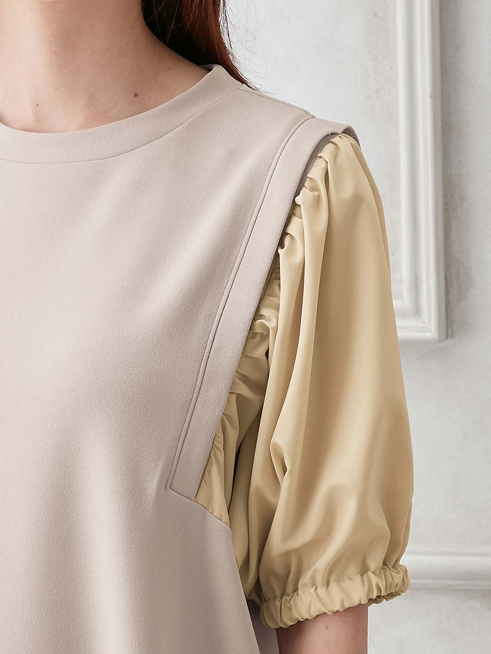 マタニティ ワンピース|ぽわん袖ワンピ　異素材使い　Rosemadame（ローズマダム）マタニティ・産後授乳服