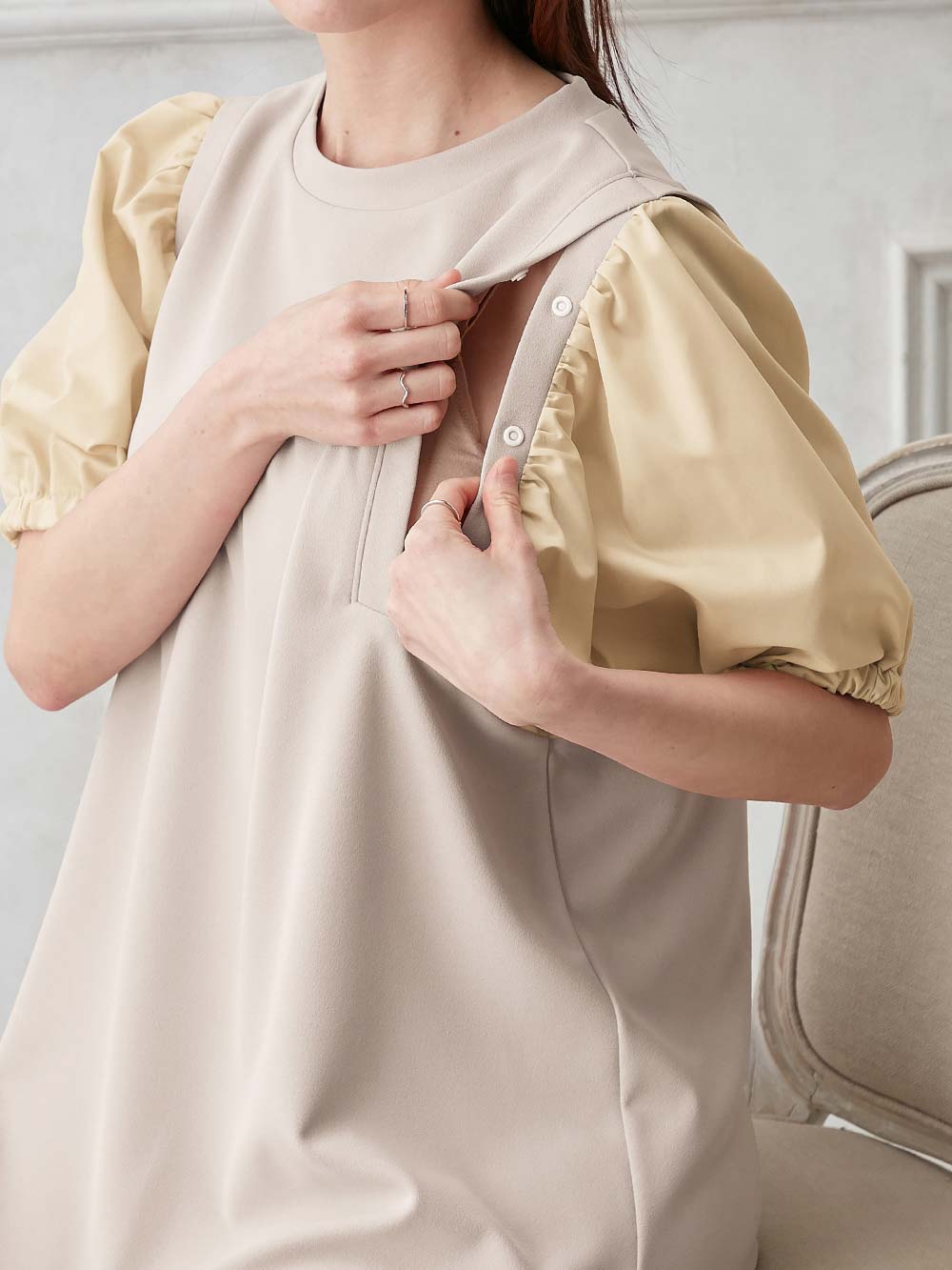最安値に挑戦】 ローズマダム ワンピース マタニティ ママ 産前 産後 授乳服 ぽわん袖 ベージュ 黒 LL ニッセン nissen 