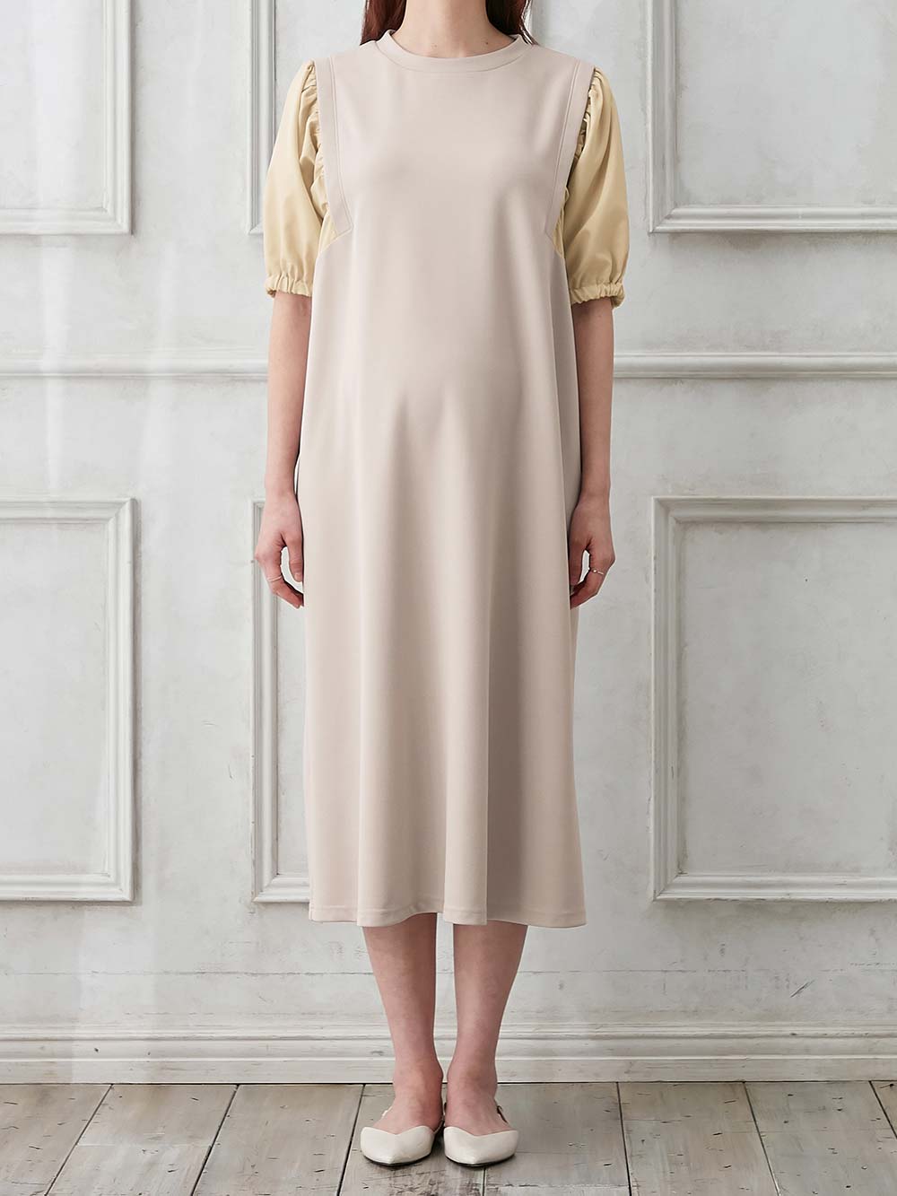 マタニティ ワンピース|ぽわん袖ワンピ　異素材使い　Rosemadame（ローズマダム）マタニティ・産後授乳服