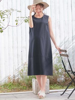 マタニティ ワンピース|サッカーノースリーブワンピース マタニティ・産後授乳服【出産後も長く使える】|ネイビー無地