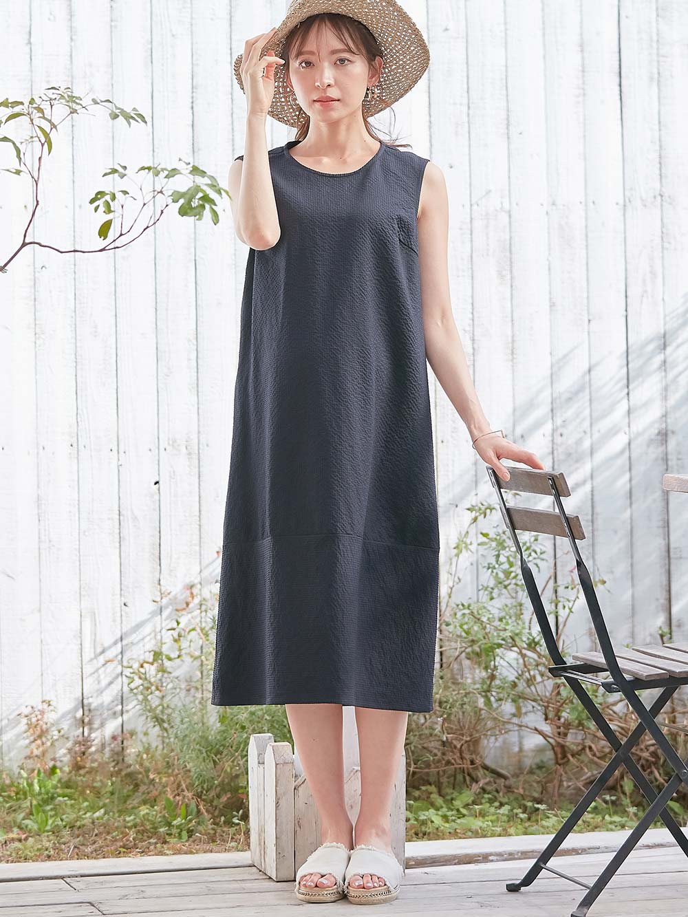 マタニティ ワンピース|サッカーノースリーブワンピース マタニティ・産後授乳服【出産後も長く使える】|ネイビー無地