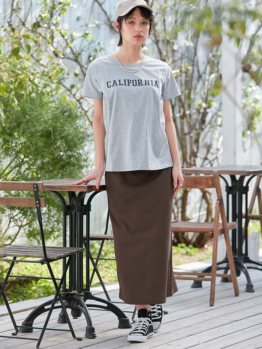 マタニティ スカート|ナロースカート　ジョーゼット風カットソー　Rosemadame（ローズマダム）　マタニティ・産後|ブラウン