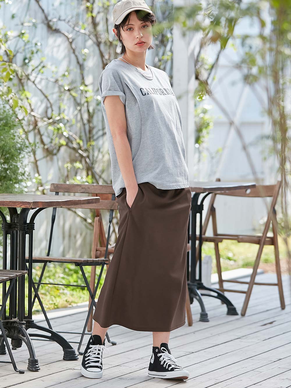 マタニティ スカート|ナロースカート　ジョーゼット風カットソー　Rosemadame（ローズマダム）　マタニティ・産後|ブラウン