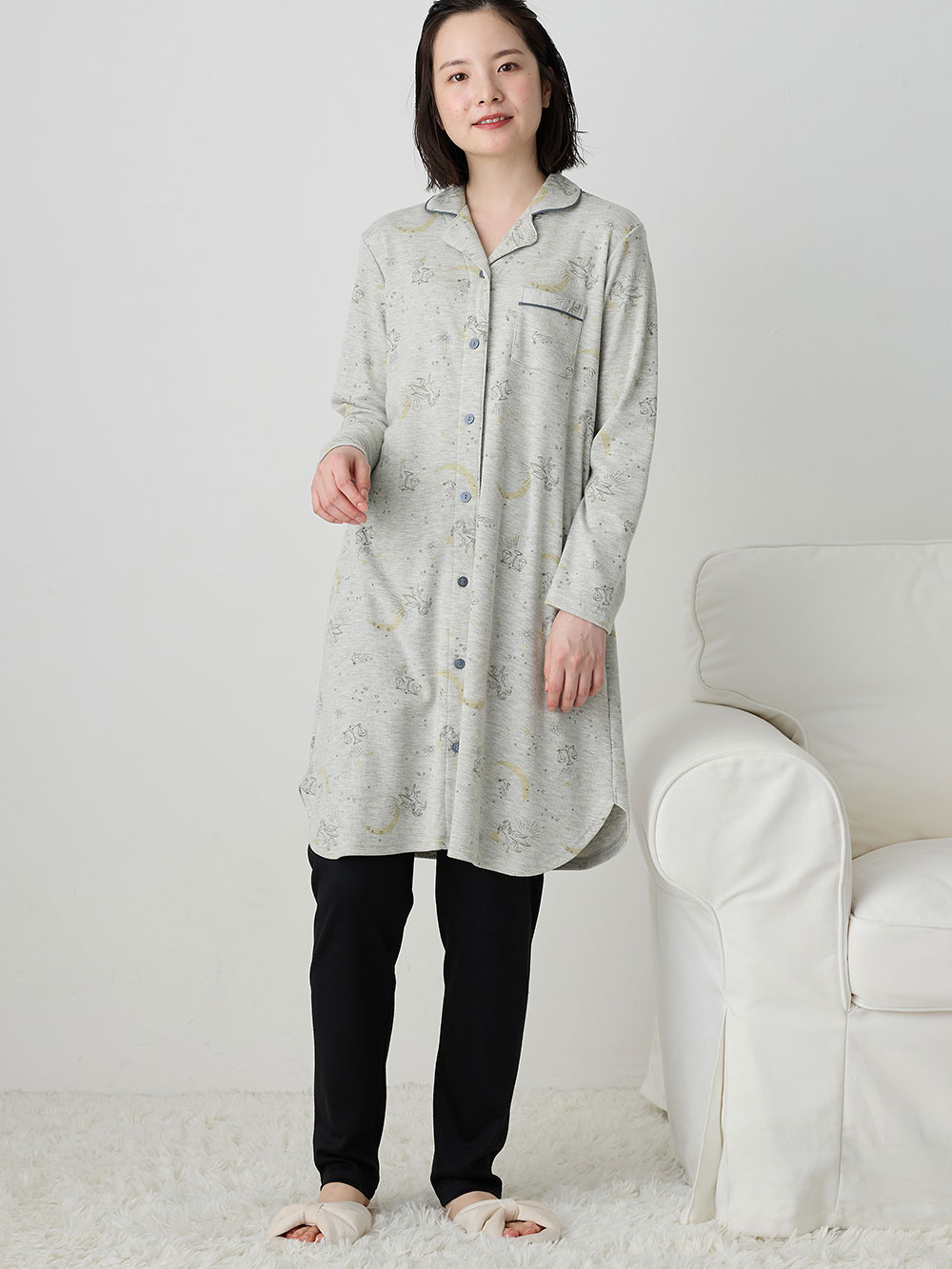 マタニティ パジャマ・ルームウェア|リブスムース星座プリントパジャマ　マタニティ・産後授乳パジャマ【出産後も長く使える】Rosemadame（ローズマダム）|ライトグレー