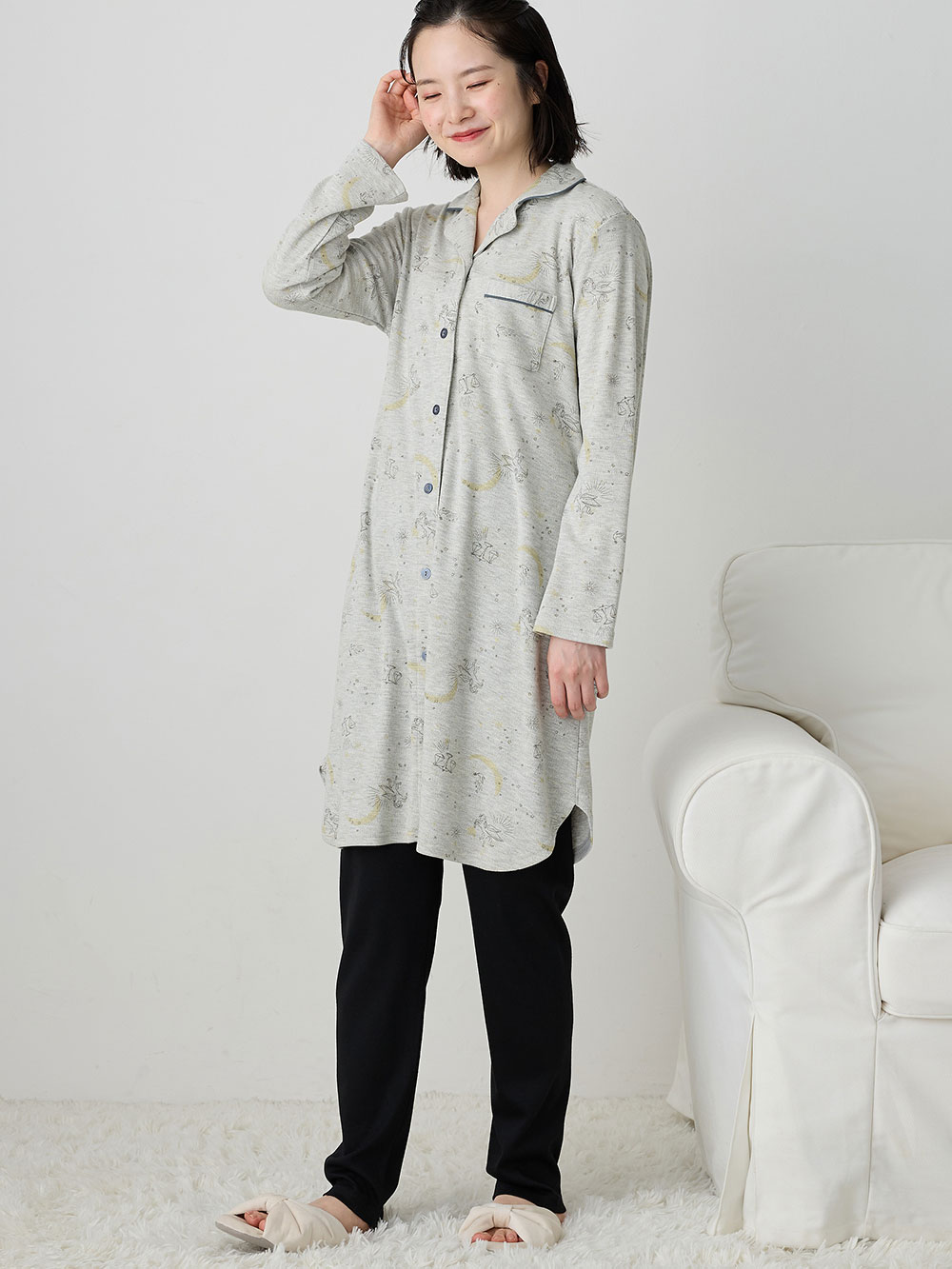 マタニティ パジャマ・ルームウェア|リブスムース星座プリントパジャマ　マタニティ・産後授乳パジャマ【出産後も長く使える】Rosemadame（ローズマダム）|ライトグレー