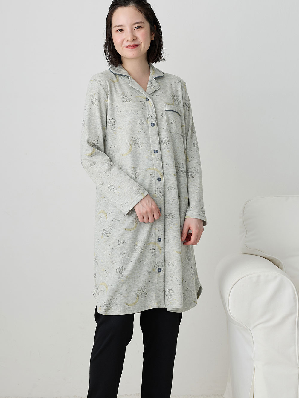 マタニティ パジャマ・ルームウェア|リブスムース星座プリントパジャマ　マタニティ・産後授乳パジャマ【出産後も長く使える】Rosemadame（ローズマダム）|ライトグレー