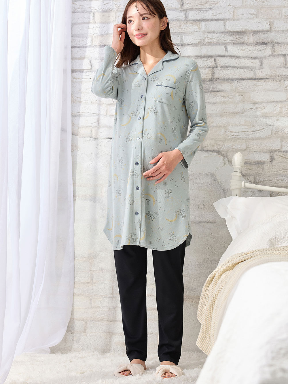 マタニティ パジャマ・ルームウェア|リブスムース星座プリントパジャマ　マタニティ・産後授乳パジャマ【出産後も長く使える】Rosemadame（ローズマダム）|サックス