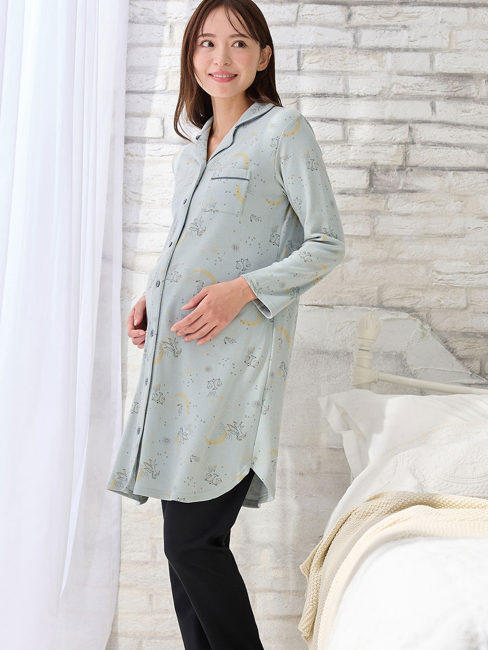 マタニティ パジャマ・ルームウェア|リブスムース星座プリントパジャマ　マタニティ・産後授乳パジャマ【出産後も長く使える】Rosemadame（ローズマダム）|サックス