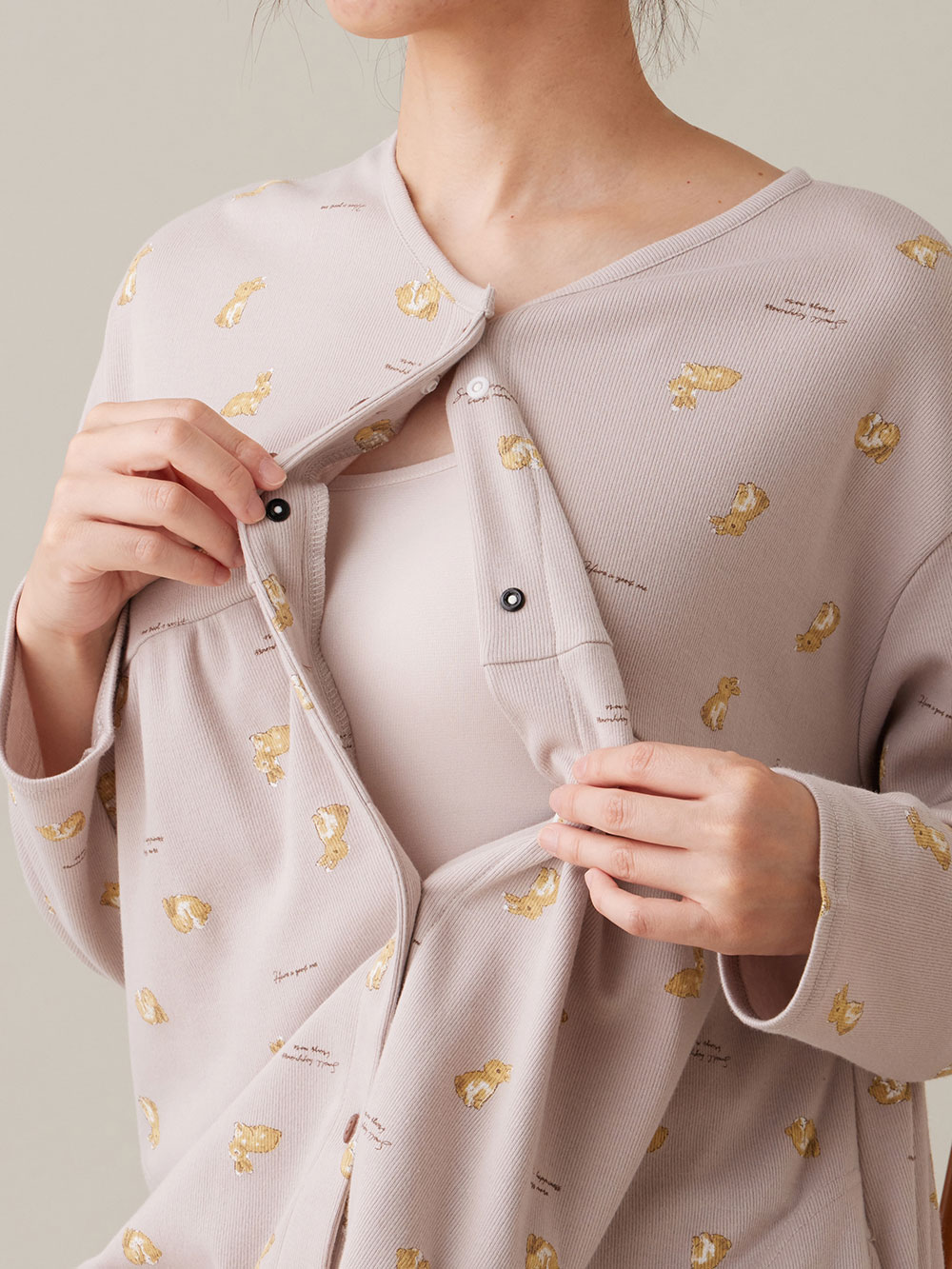 マタニティ パジャマ・ルームウェア|リブスムースうさぎプリント2WAYネグリジェパジャマ　マタニティ・産後授乳パジャマ【出産後も長く使える】Rosemadame（ローズマダム）