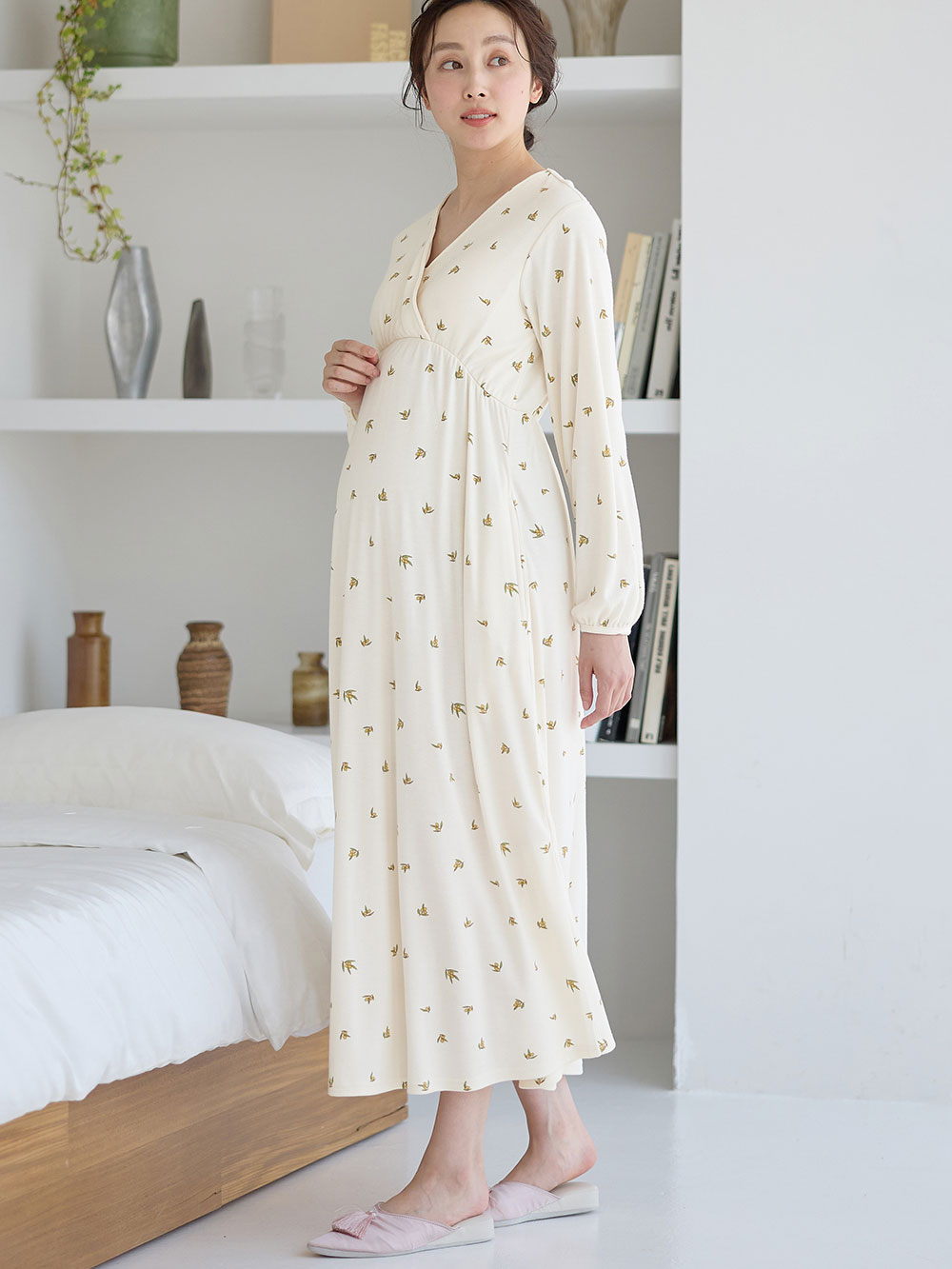 マタニティ パジャマ・ルームウェア|スムースカシュクールパッド付ネグリジェ 【出産後も長く使える】|オリーブ柄