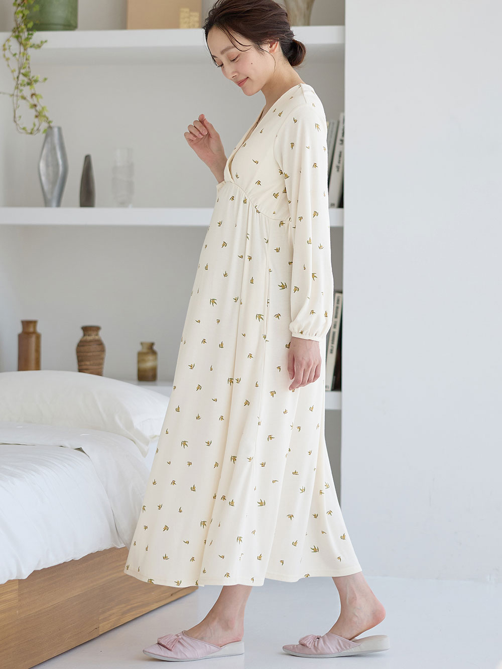 マタニティ パジャマ・ルームウェア|スムースカシュクールパッド付ネグリジェ 【出産後も長く使える】|オリーブ柄