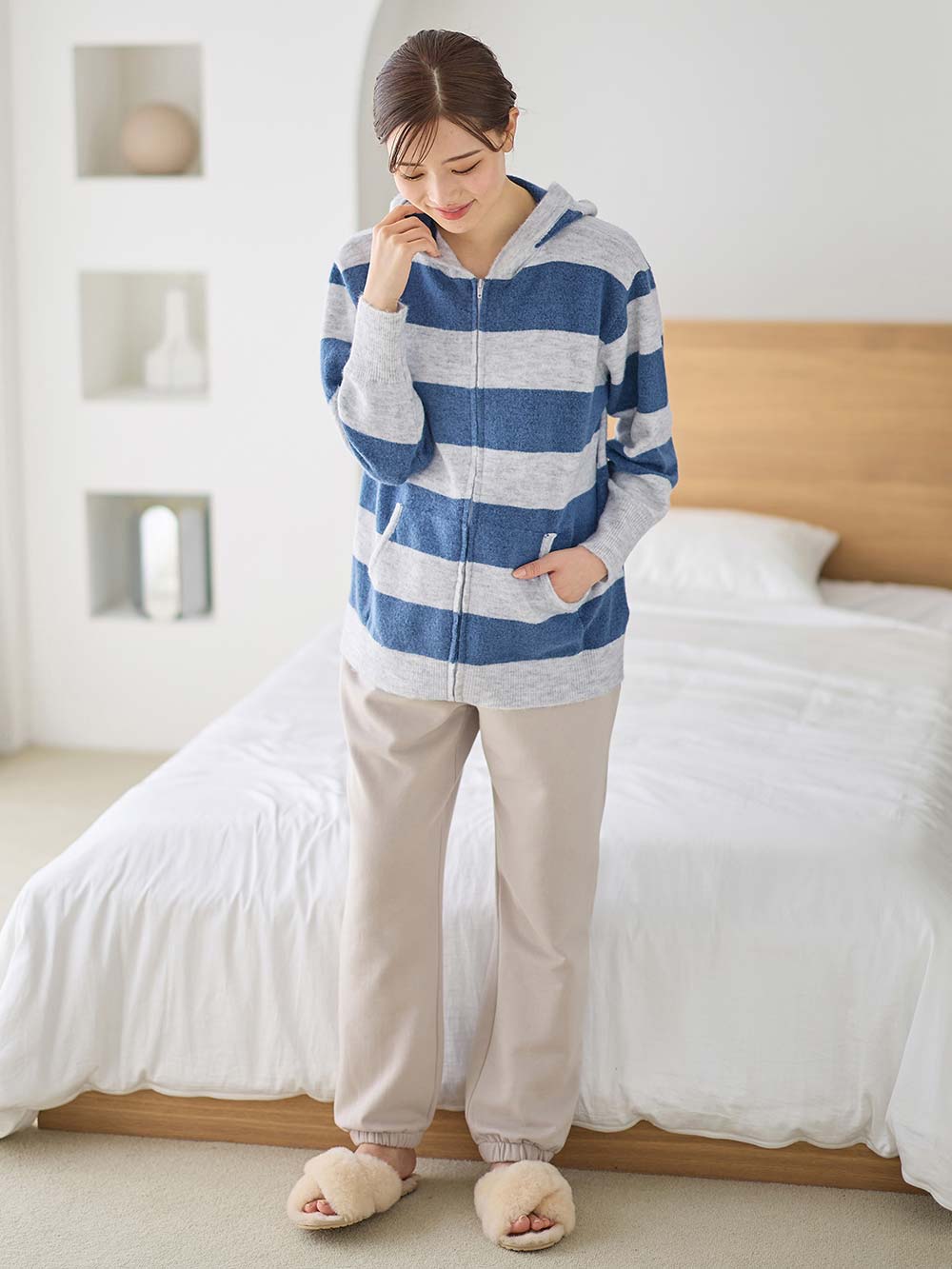マタニティ トップス|ニットパーカー ルームウェア マタニティ・授乳服 【出産後も長く使える】|グレー×ブルー
