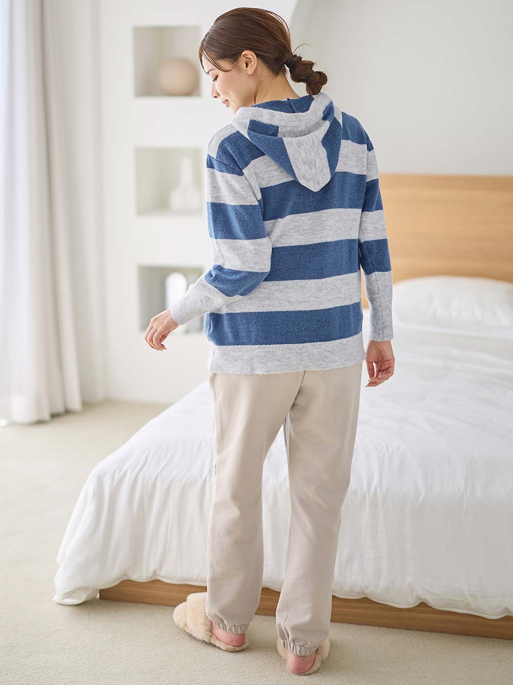 マタニティ トップス|ニットパーカー ルームウェア マタニティ・授乳服 【出産後も長く使える】|グレー×ブルー