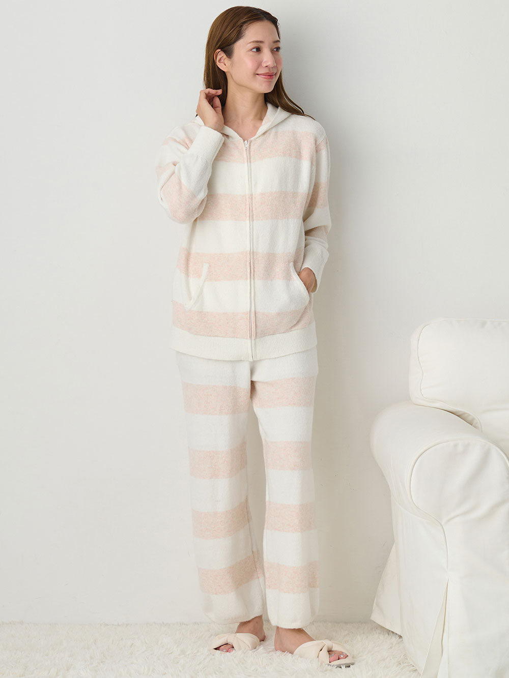 マタニティ トップス|ニットパーカー ルームウェア マタニティ・授乳服 【出産後も長く使える】|オフ×ピンク